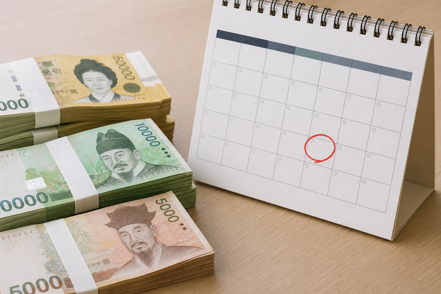 배당금 지급일을 상징하는 원화 지폐와 달력