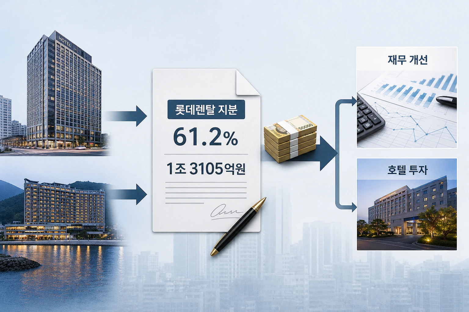 롯데렌탈 지분 매각대금과 롯데 계열사 자금 흐름을 설명하는 인포그래픽