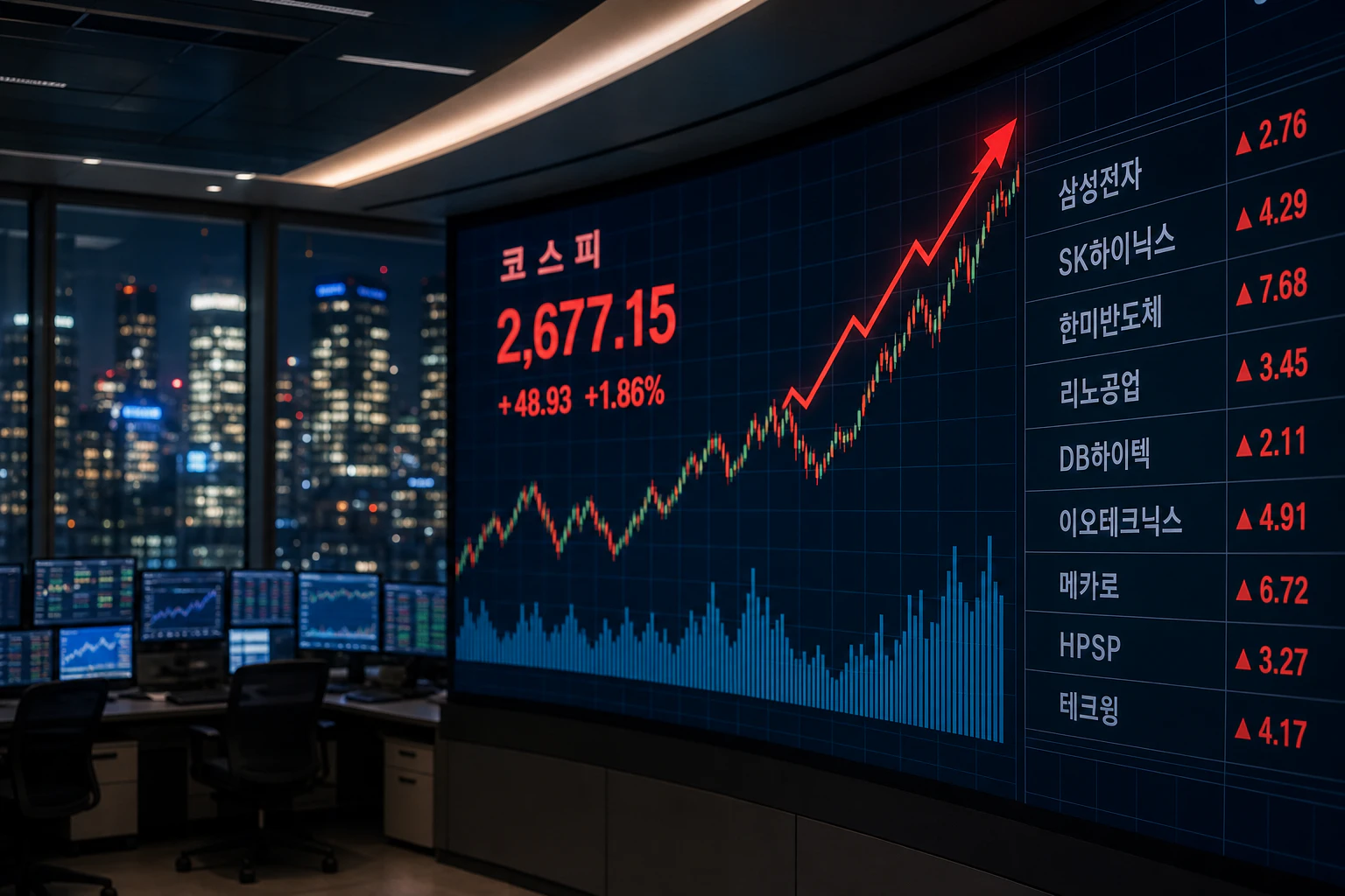 코스피 지수와 반도체 대형주 상승을 보여주는 전자 시황판 이미지