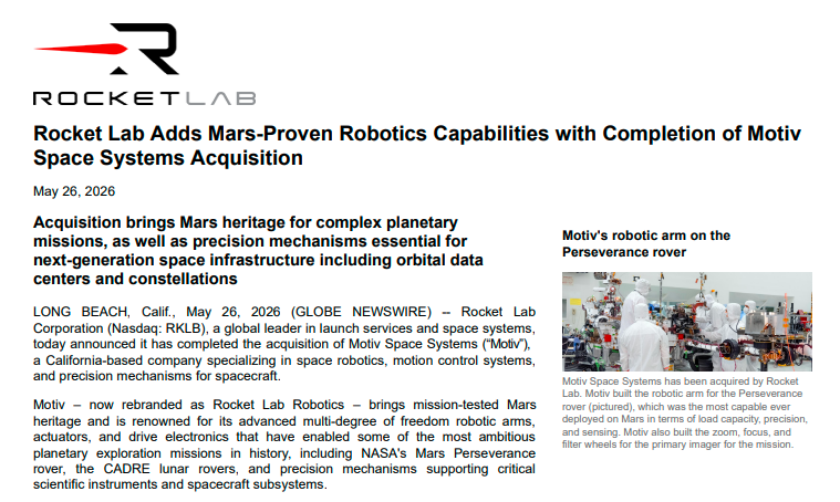 RKLB: Rocket Lab today announced it has completed the acquisition of Motiv Space Systems (