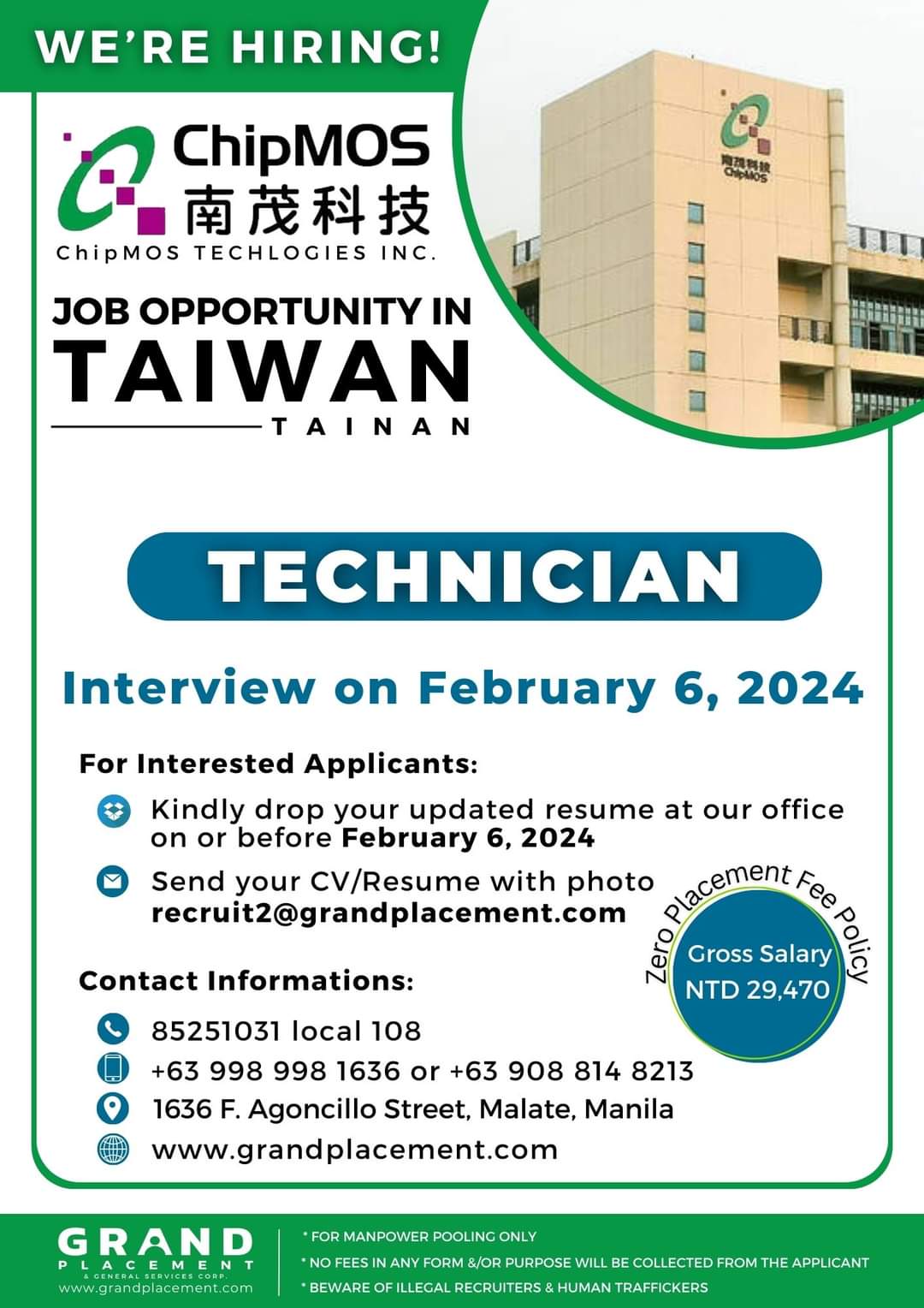Hiring Technicians for ChipMos Technologies Inc