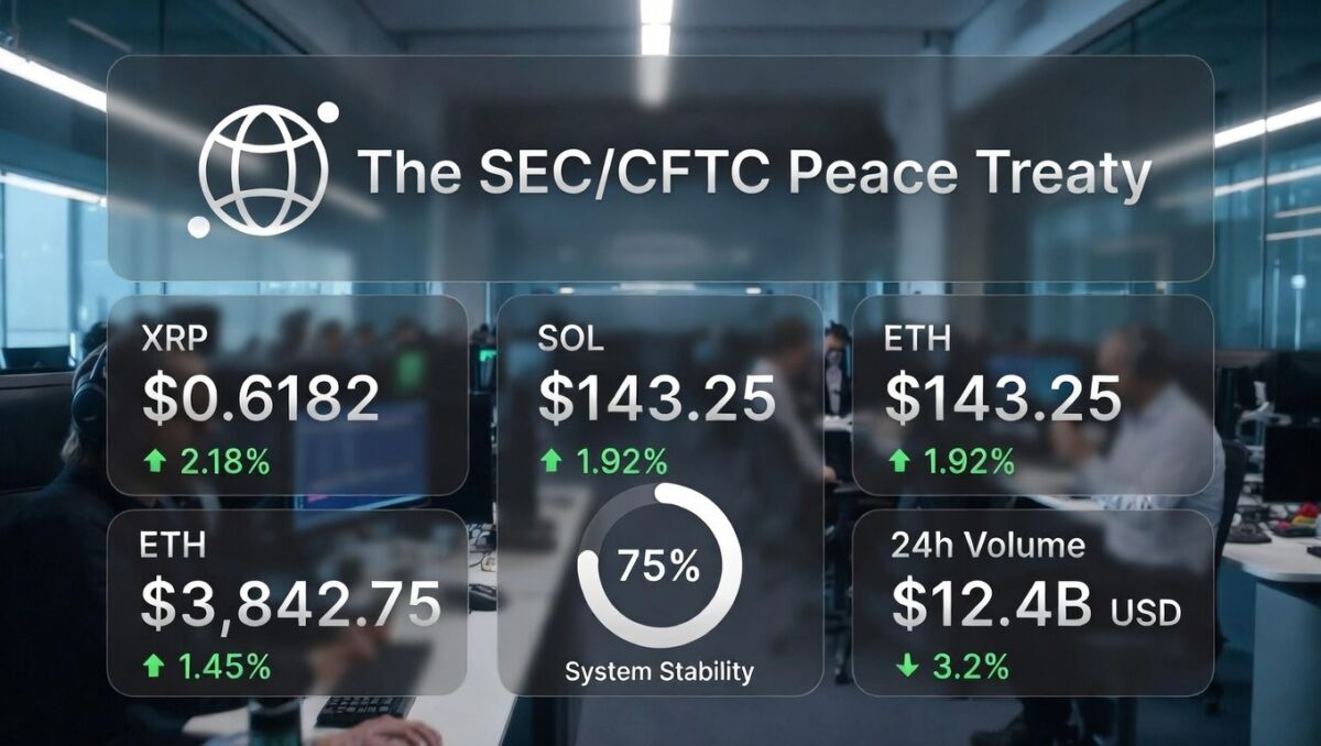 사무실 배경 위에 'The SEC/CFTC Peace Treaty'라는 제목과 XRP·SOL·ETH 가격 및 거래 지표가 표시된 디지털 대시보드 이미지.