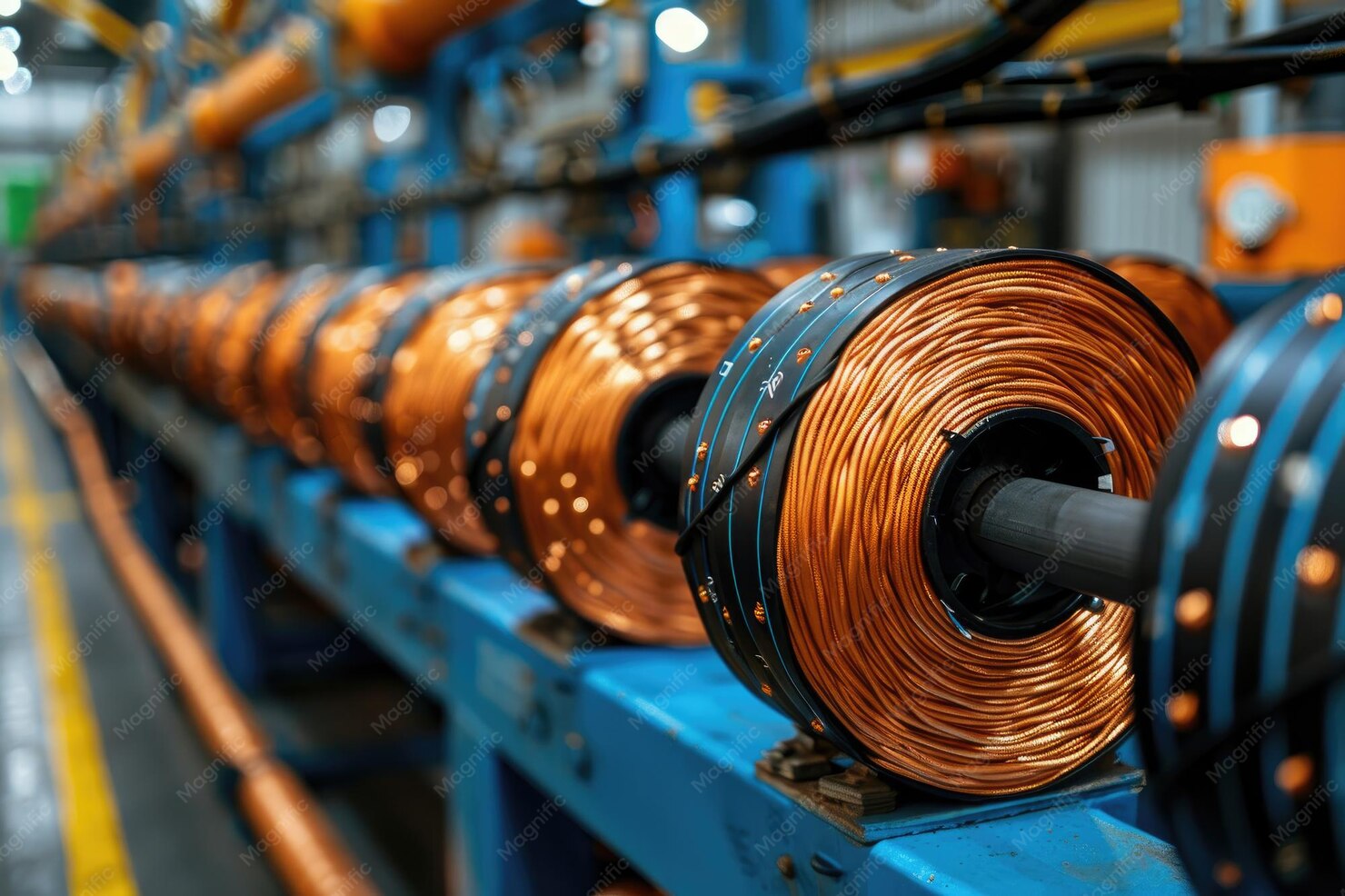 Copper Wire Spools on an Industrial Winding Machine