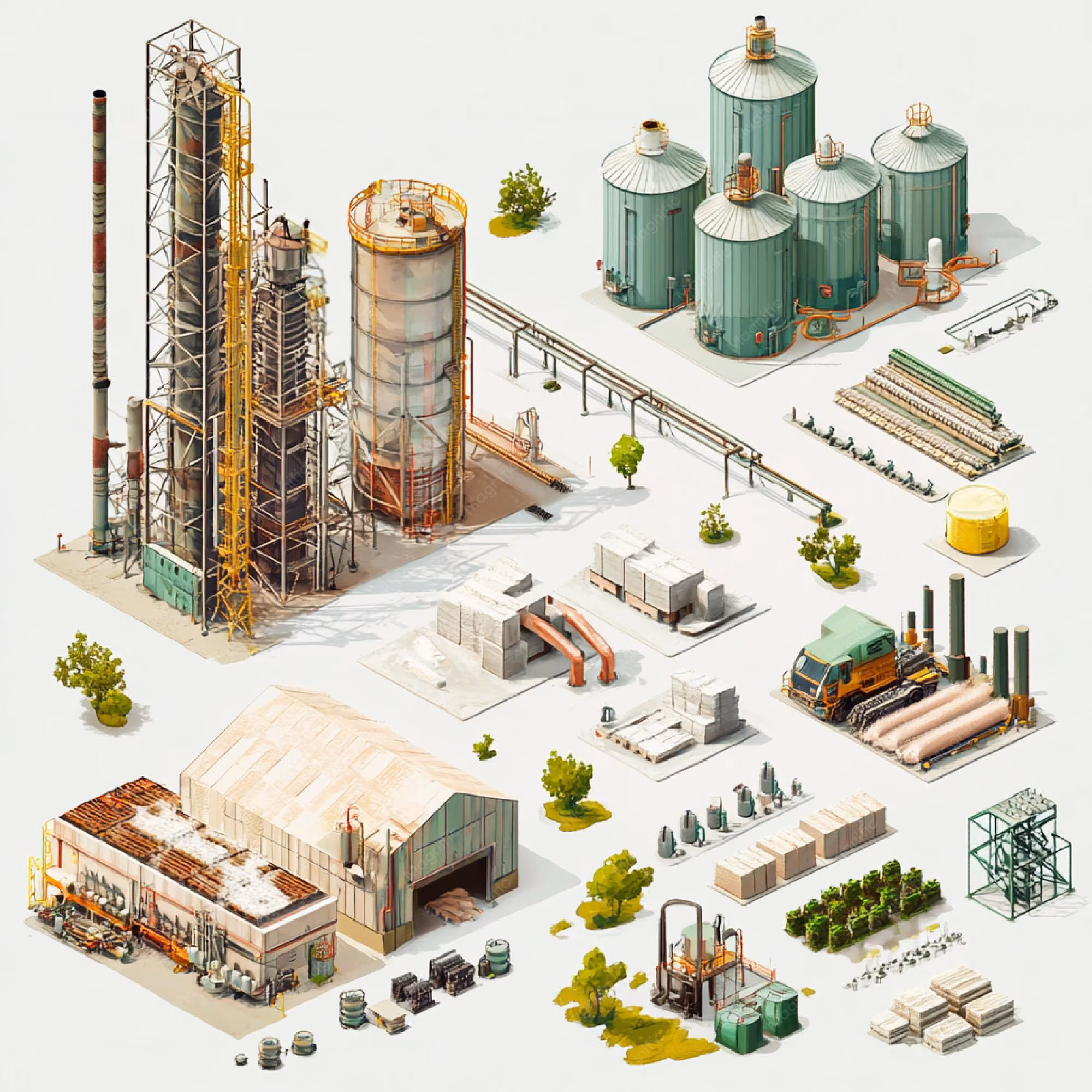 A manufacturing plant with different stages of production from raw ...