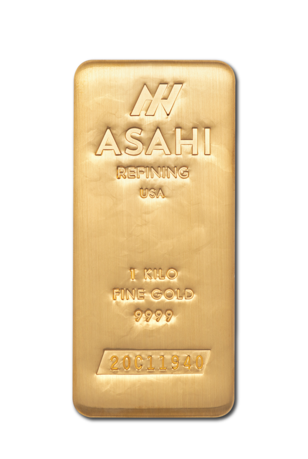 ASAHI 각인과 일련번호가 보이는 1킬로그램 금괴 정면 사진.