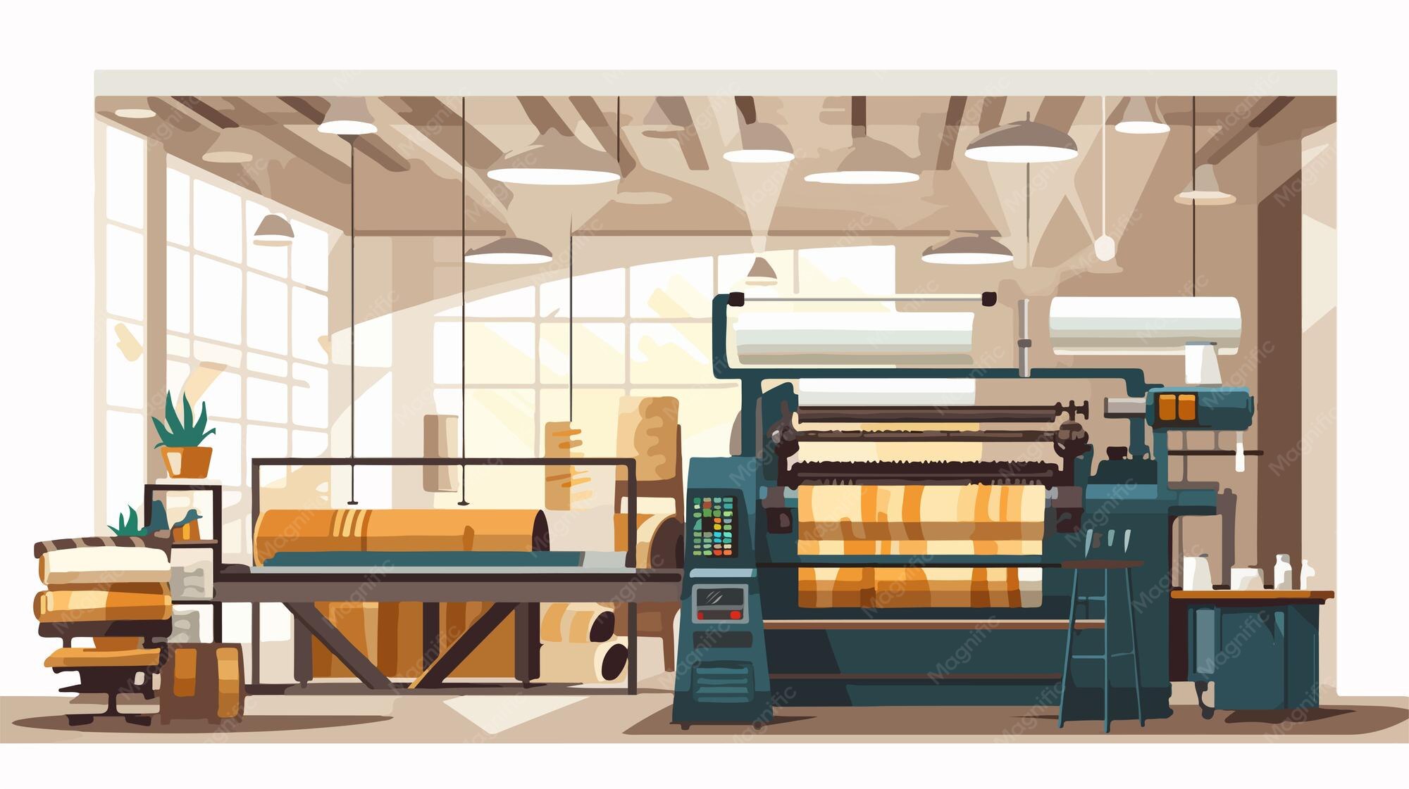 Fabric Production Factory Interior with Working Machines