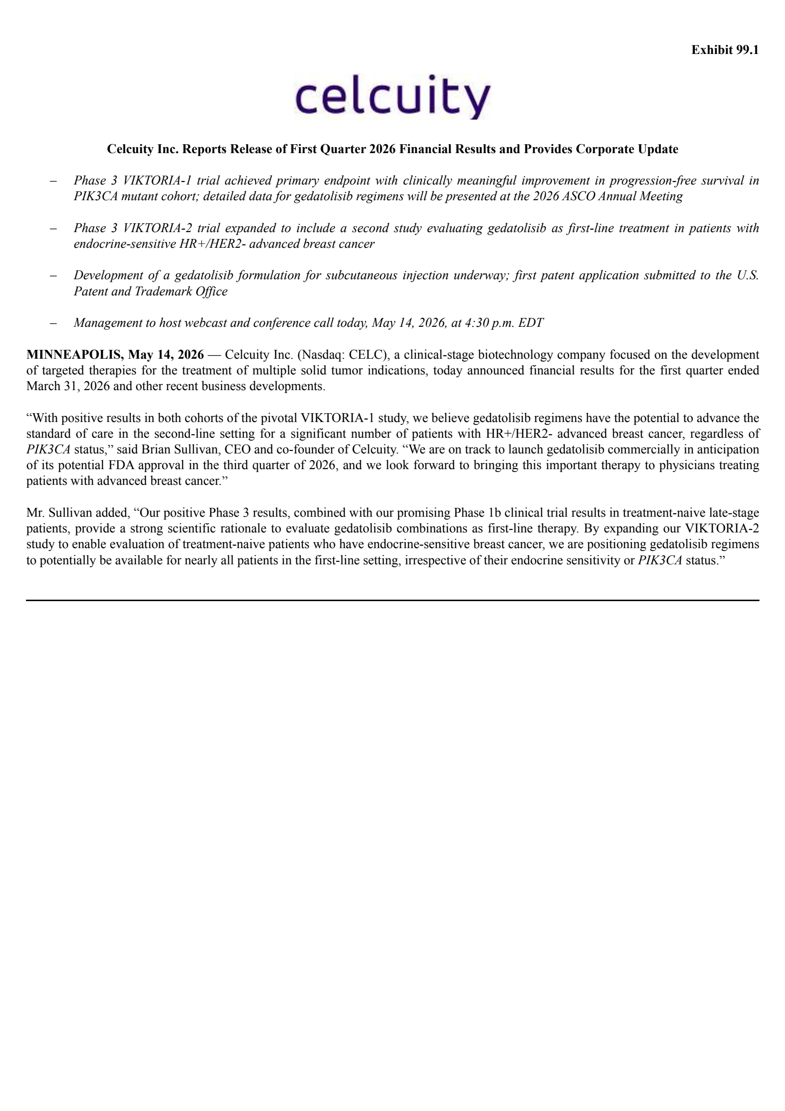 CELC Q1 2026 Earnings Report on 5/14/2026