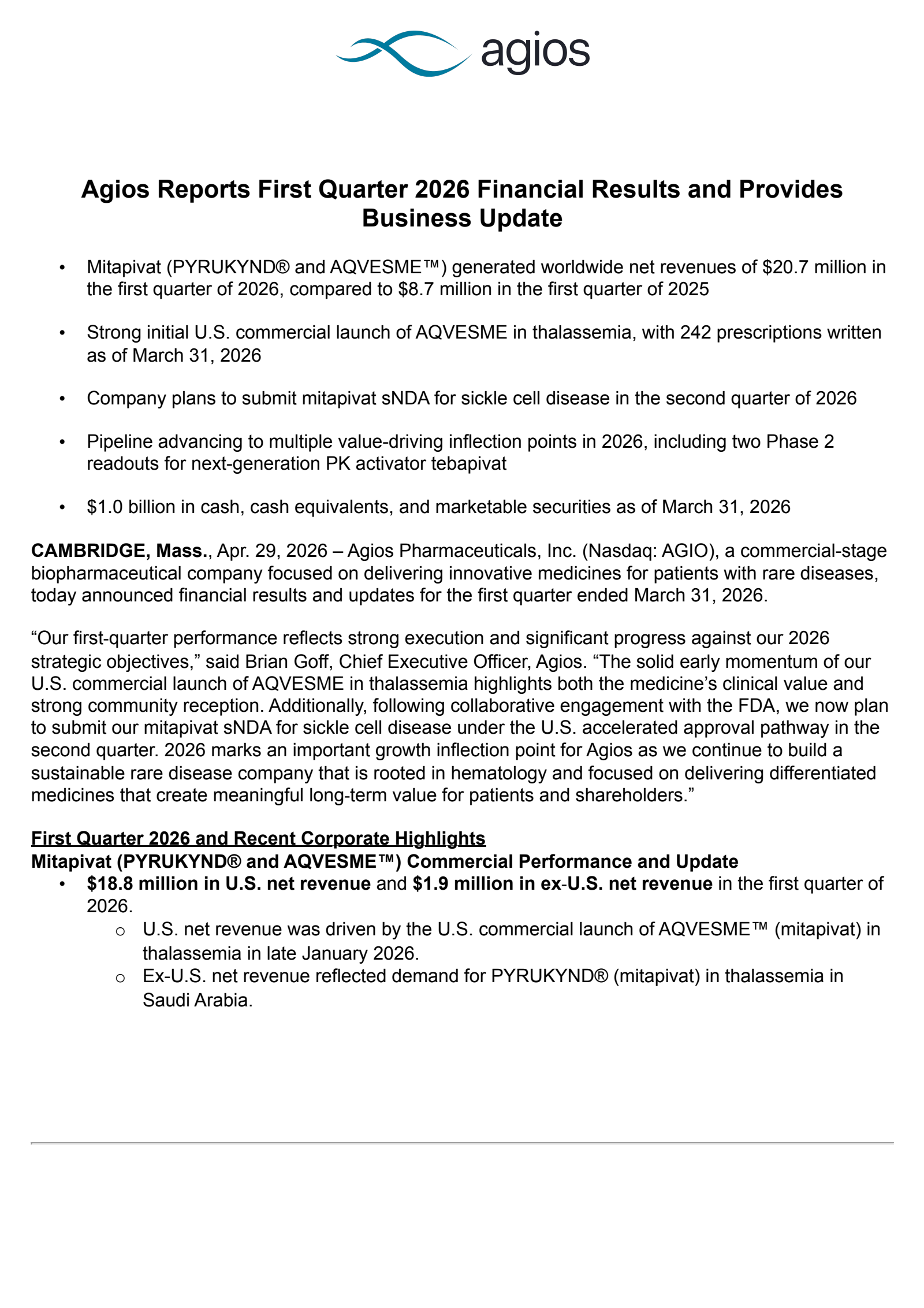 AGIO Q1 2026 Earnings Report on 4/29/2026
