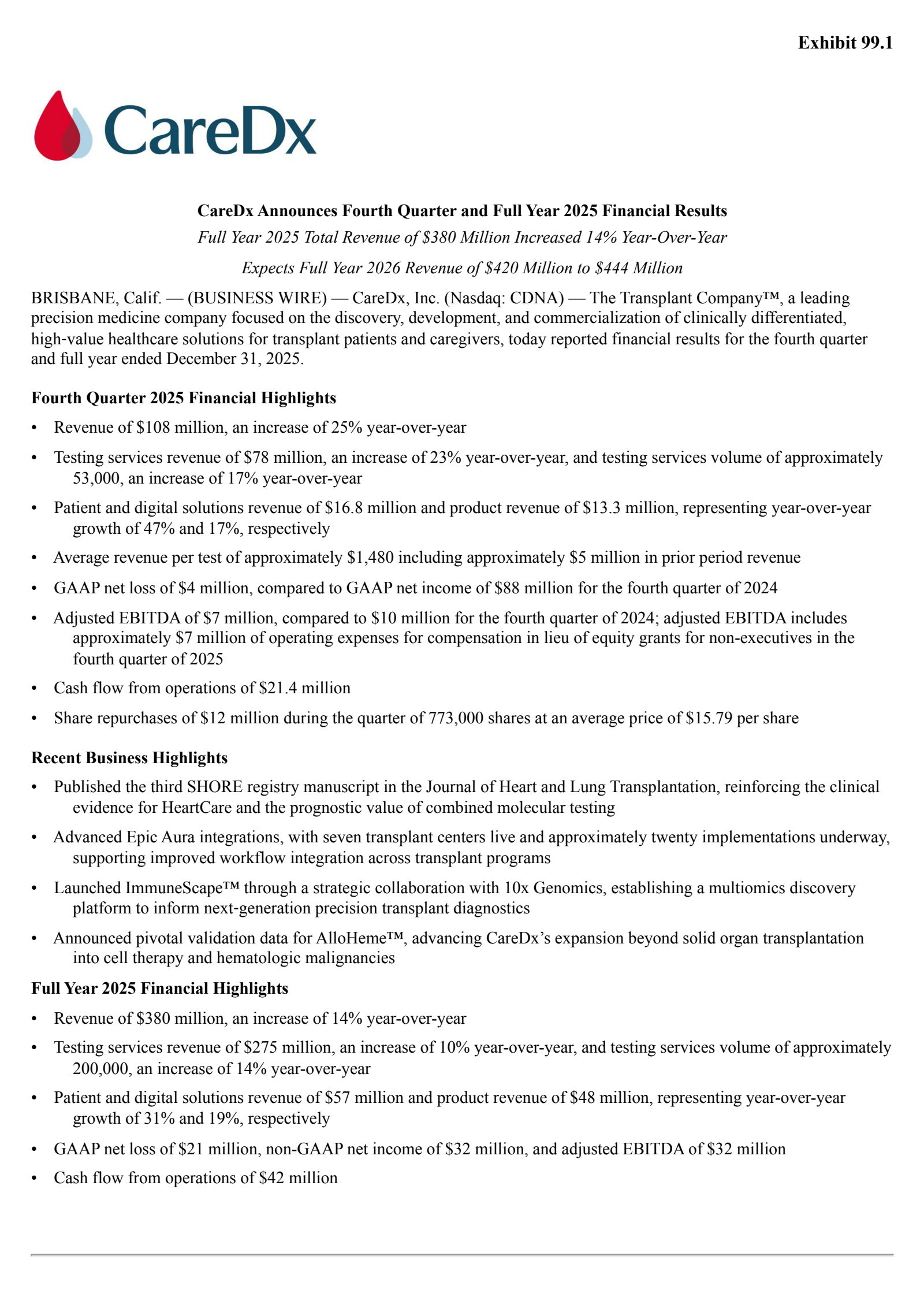 CDNA Q4 2025 Earnings Report on 2/24/2026