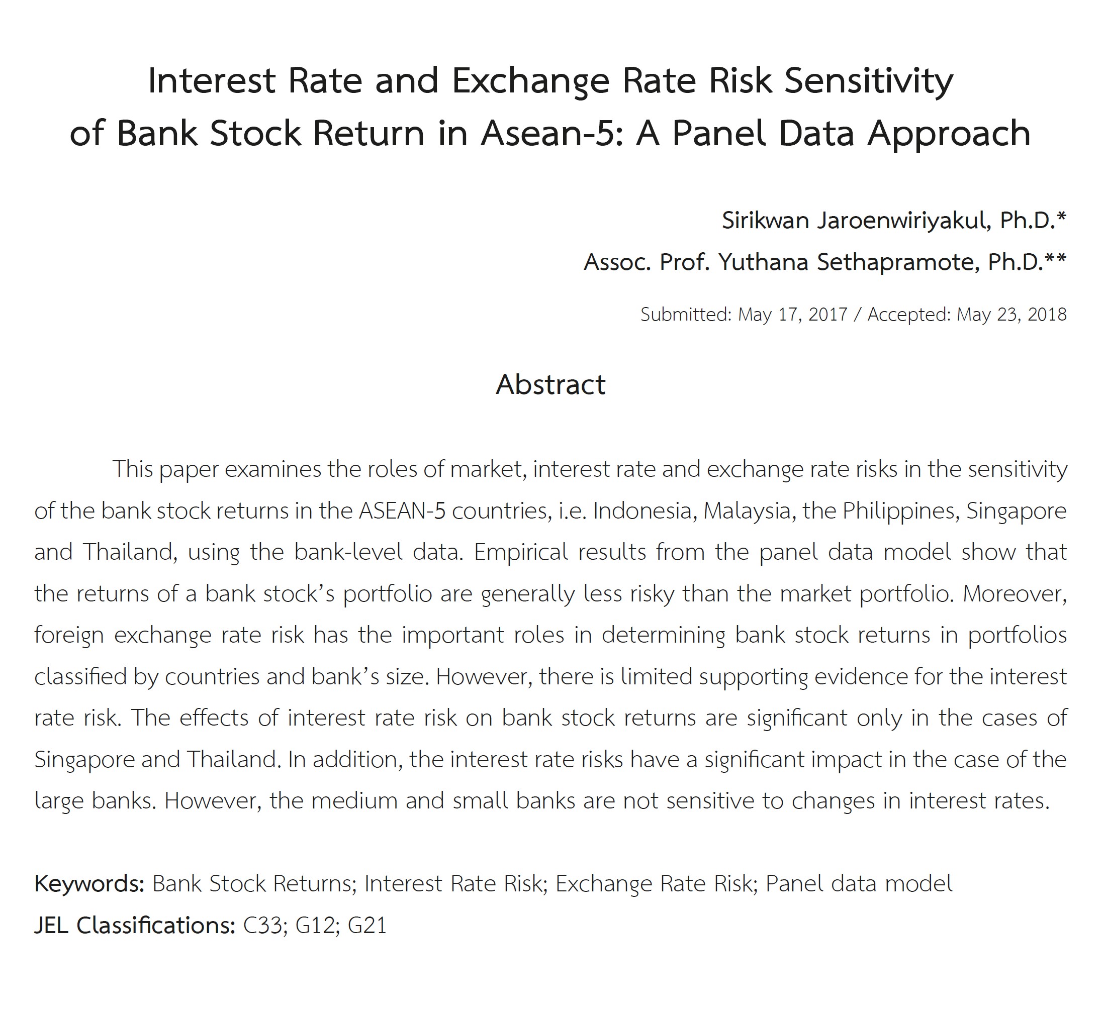 영문 연구 논문 표지로 제목 'Interest Rate and Exchange Rate Risk Sensitivity of Bank Stock Return in Asean-5'와 초록 일부가 보인다.