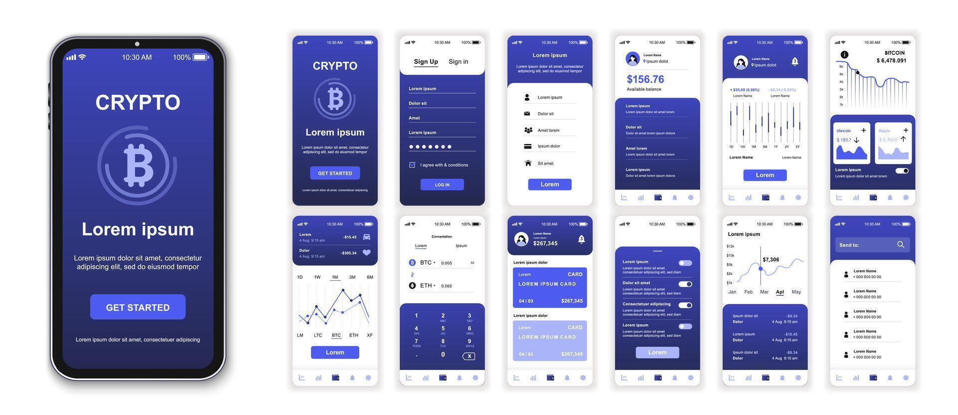 Crypto mobile app interface screens template set. Online account ...