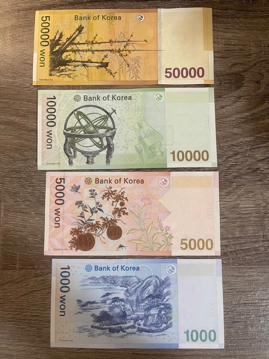 4 Banknotes 50000 + 10000 + 5000 + 1000 Won Korea CIR Banknote. 66k Korean Won