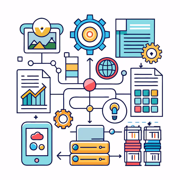Illustration of a data flow diagram with icons representing cloud ...