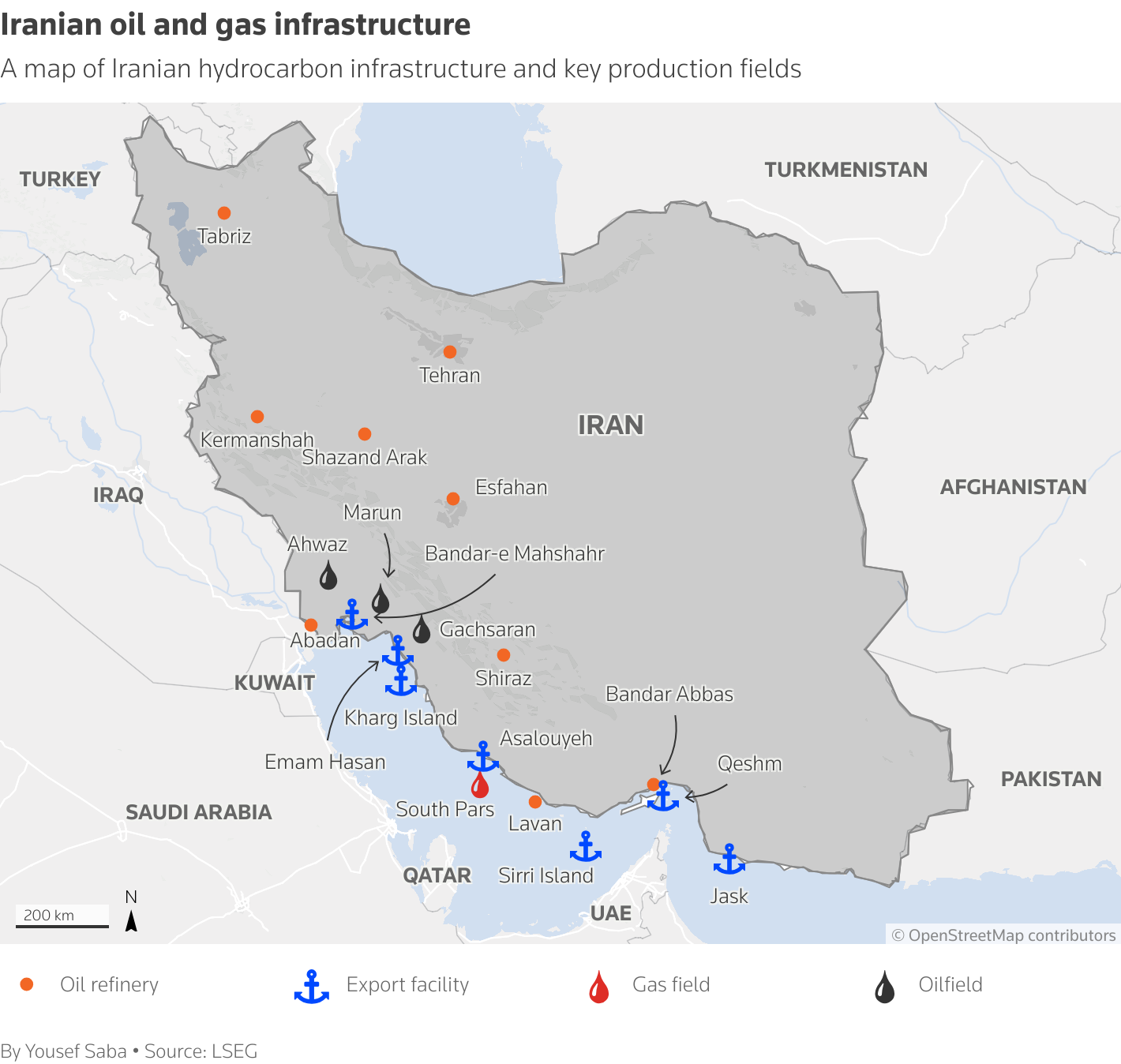 Iran's main oil and gas production and infrastructure