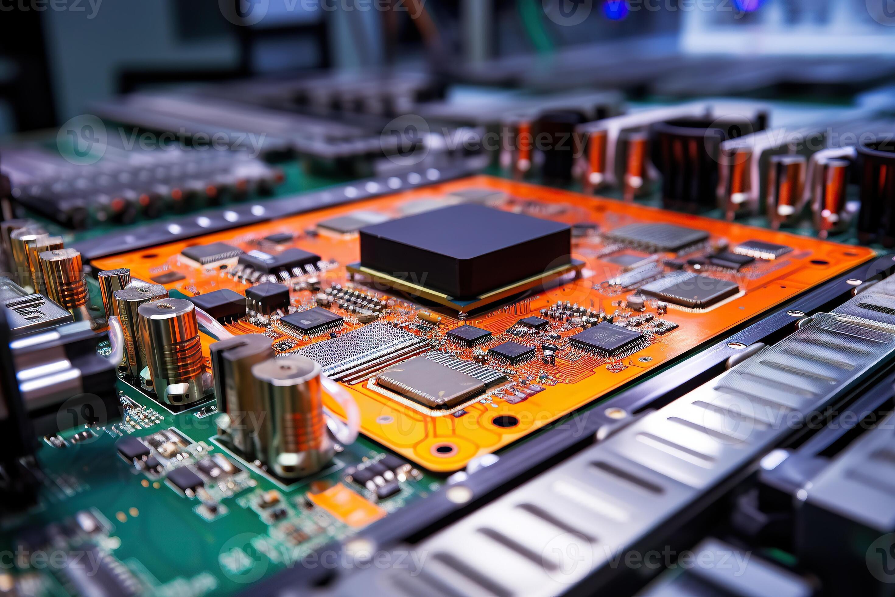Electronic circuit board close up. Technology background. Central ...