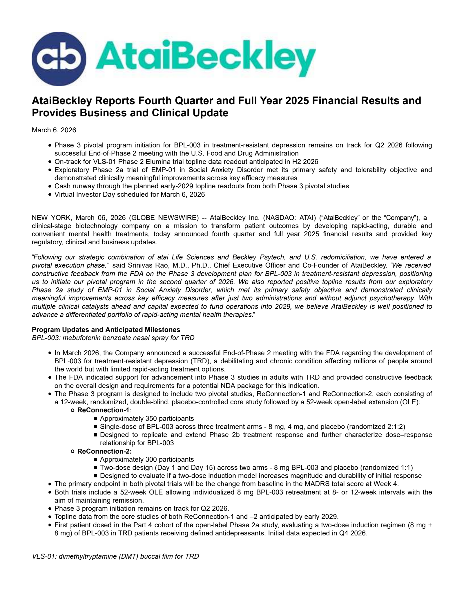 ATAI Q4 2025 Earnings Report on 5/12/2026