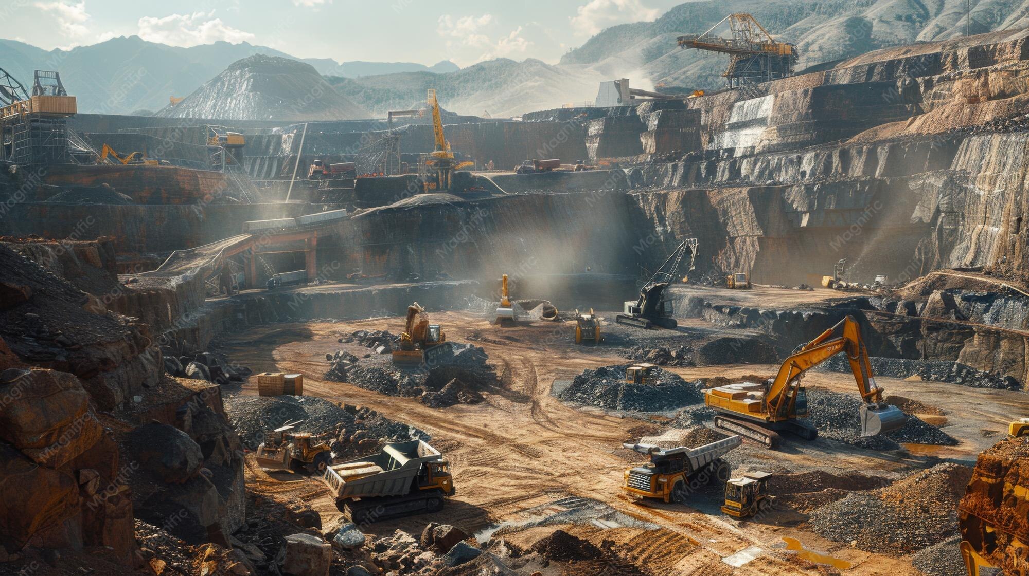Resource Extraction Wideangle shot of an open pit mine with heavy ...