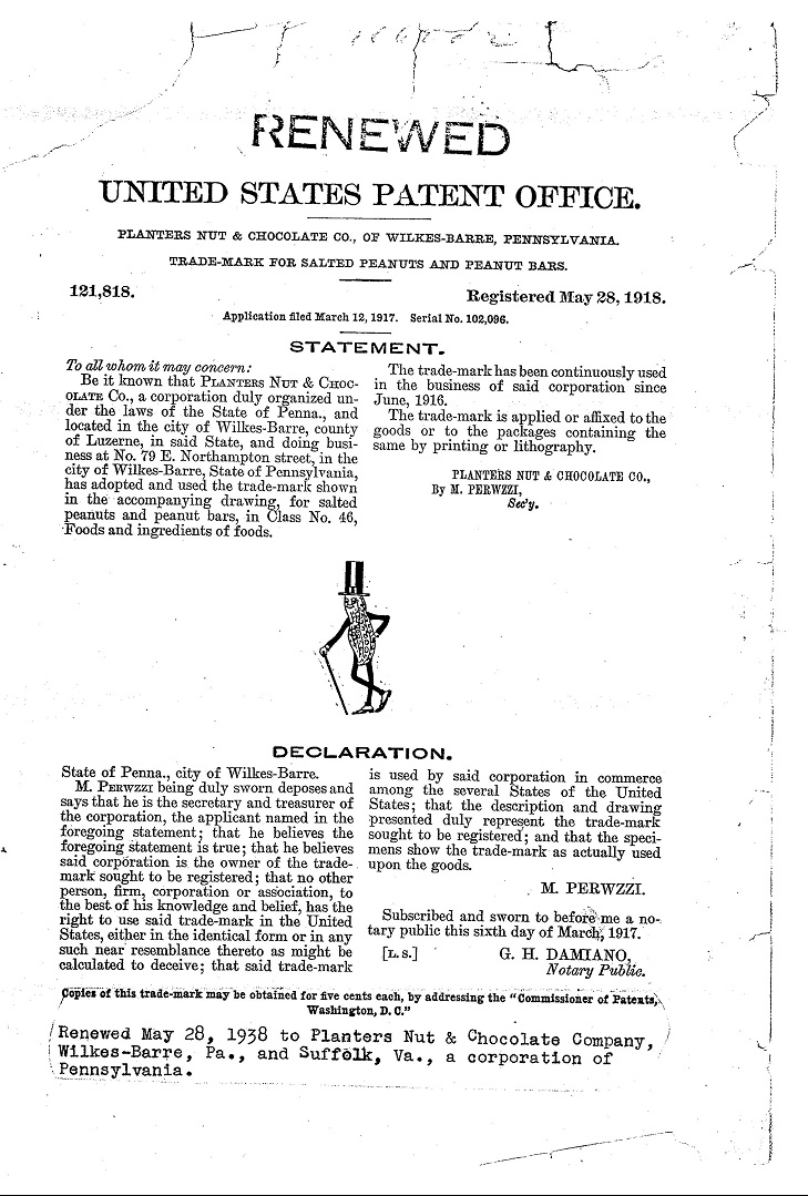 File:Mr Peanut Planters Peanuts Trademark Registration Certificate May 28  1918.jpg - Wiki