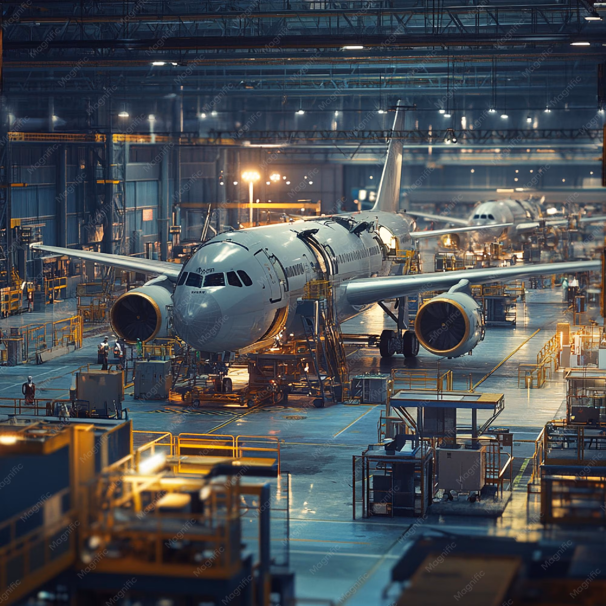 A busy aerospace manufacturing facility with large aircraft parts and ...