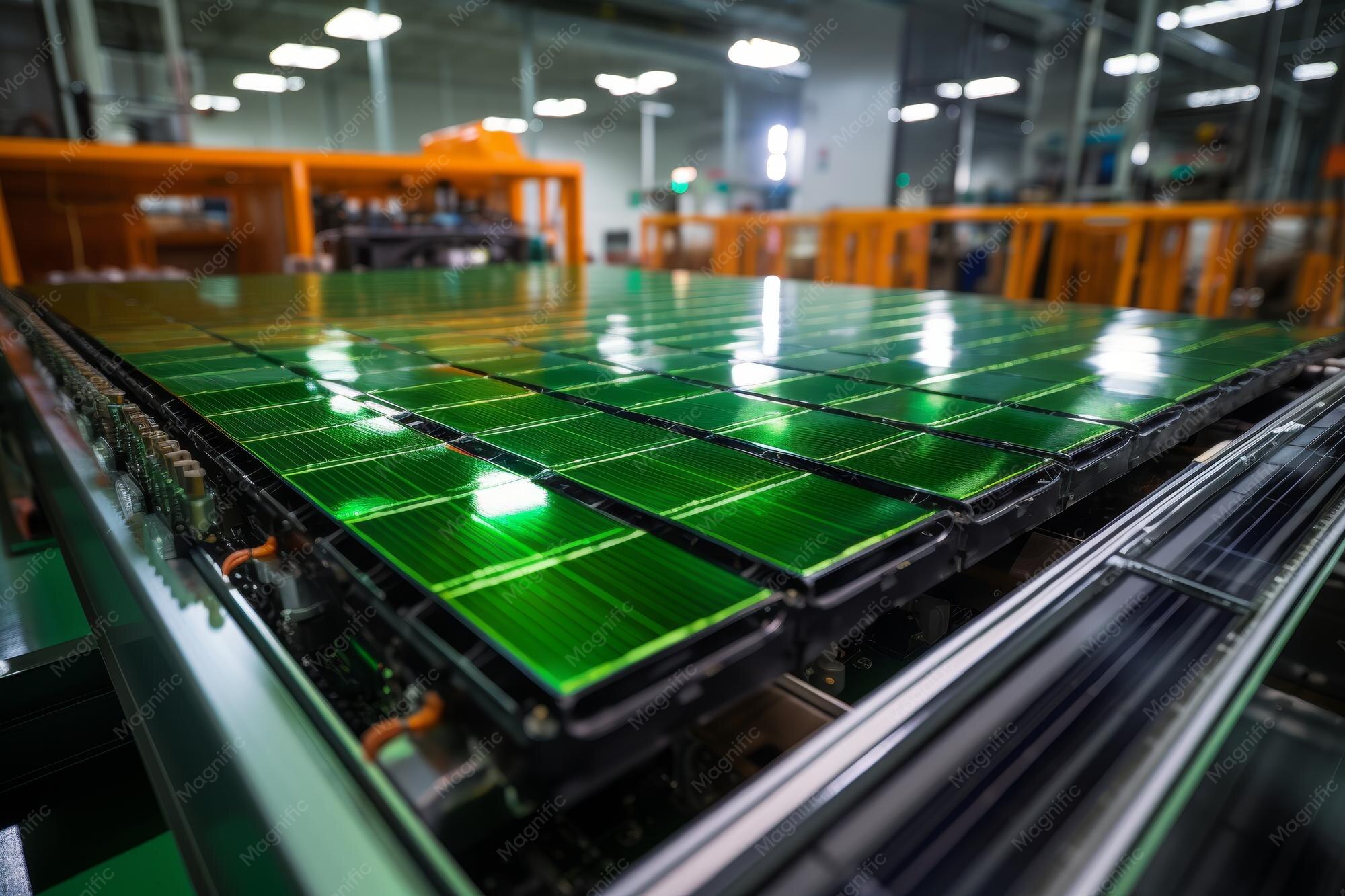 Closeup view of electric vehicle battery cell assembly line in a mass ...