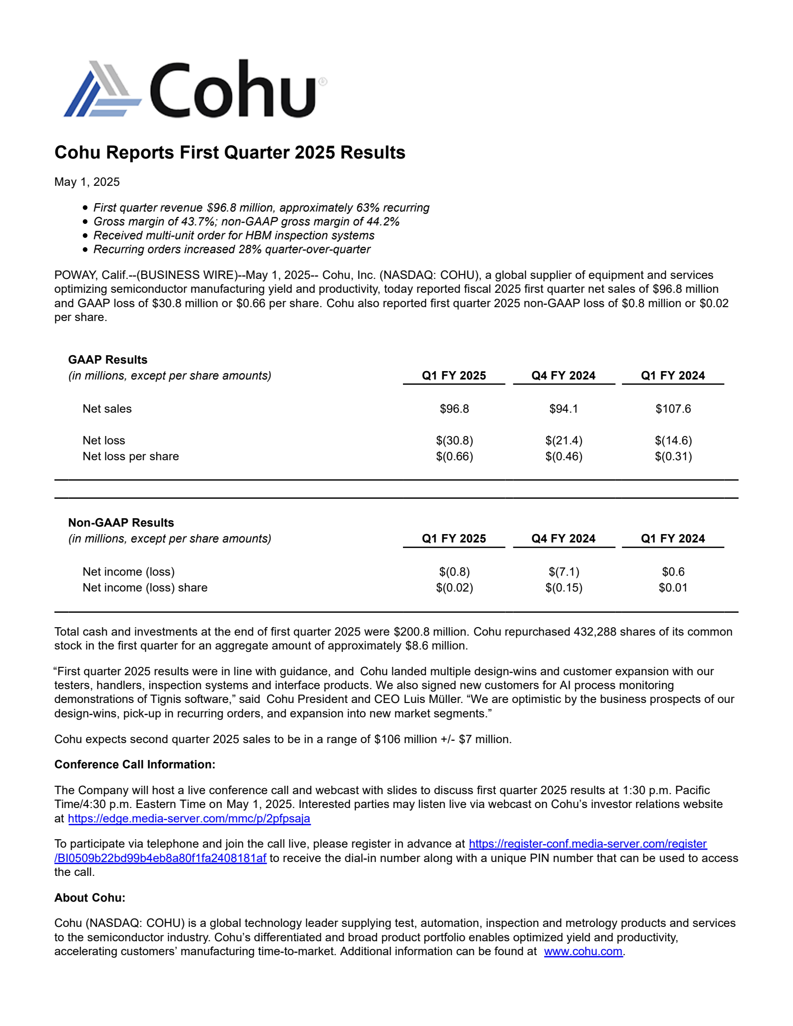 COHU Q1 2025 Earnings Report on 5/1/2025