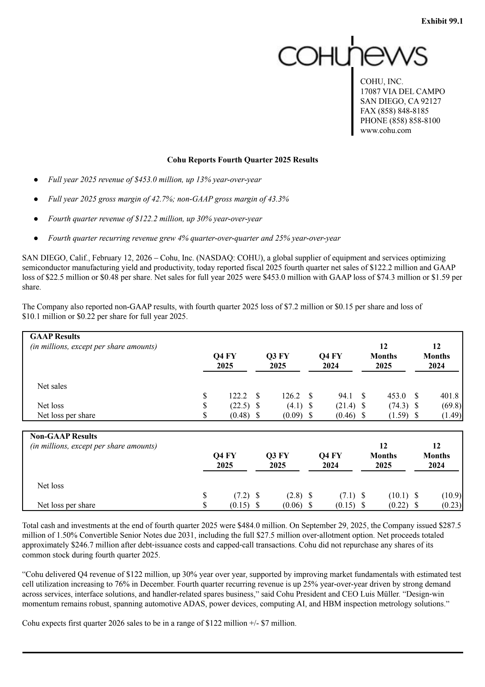 COHU Q4 2025 Earnings Report on 2/12/2026