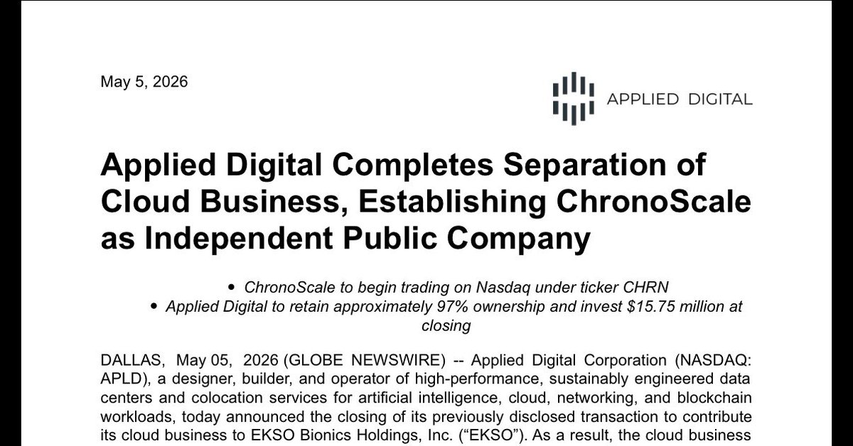$APLD just spun out the cloud business. ChronoScale begins trading ...
