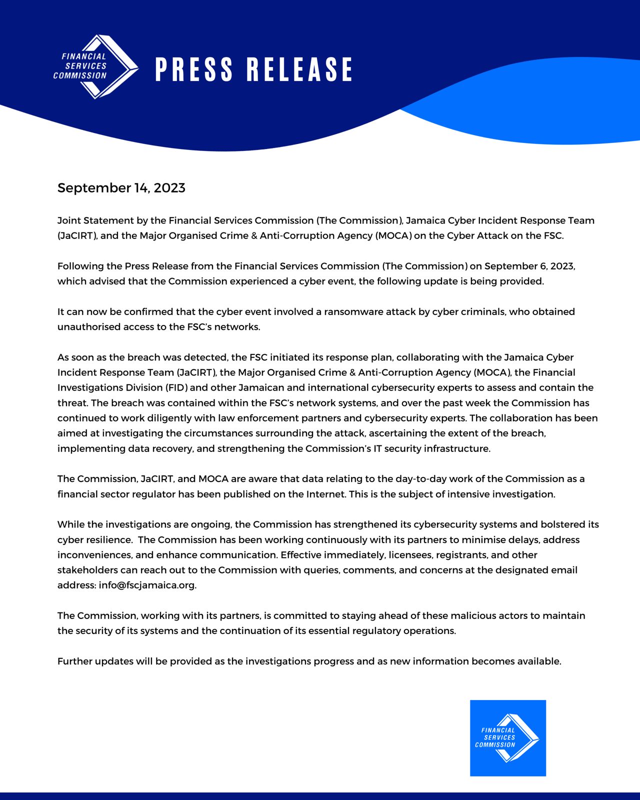 Press Release - September 14, 2023 - Financial Services Commission