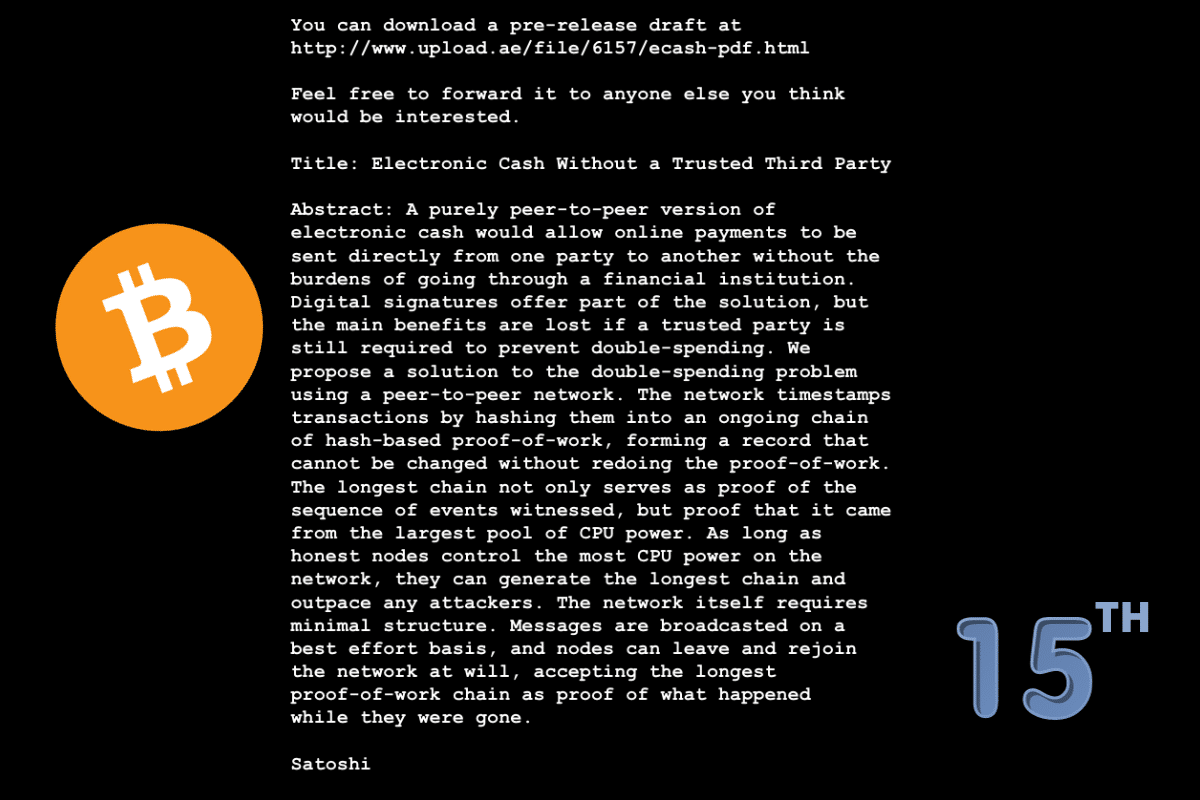 Whitepaper Bitcoin, Satoshi Nakamoto published the first version 15 ...