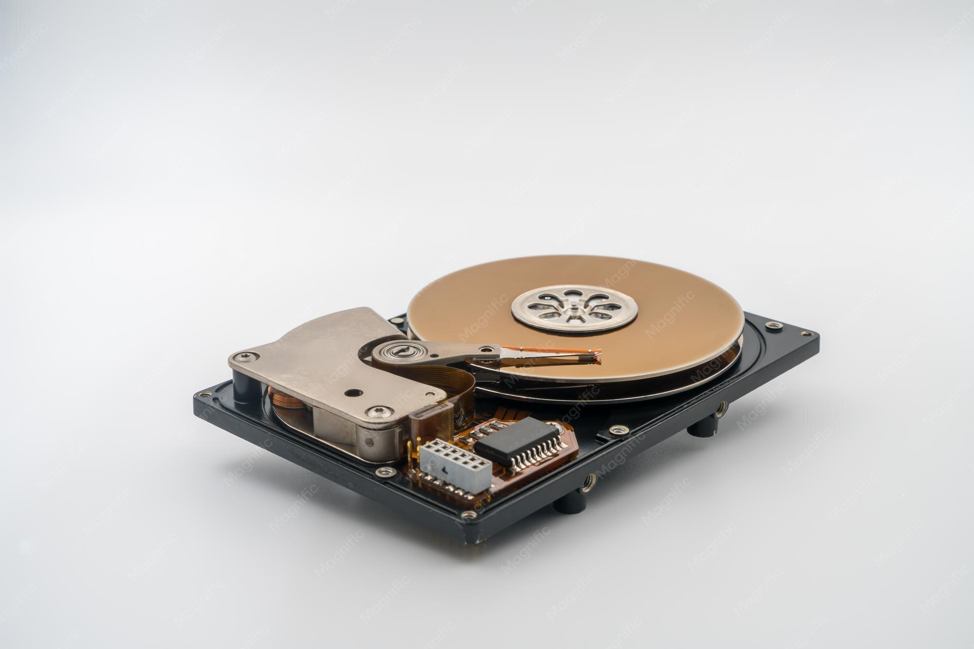 Premium Photo | Hard disk drive hdd read write head spindle circular ...