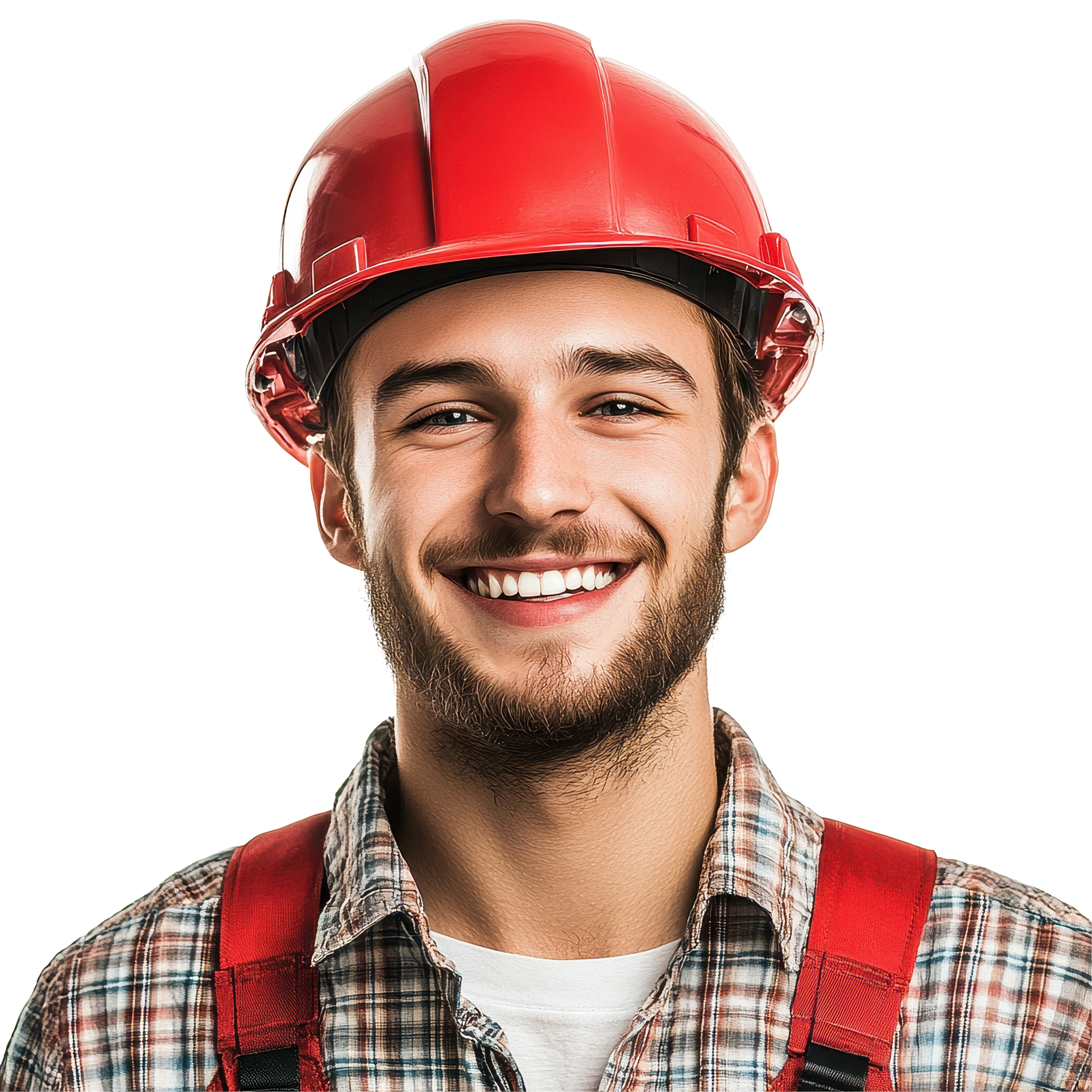 Happy young foreman wearing a hard hat smiles confidently in a bright ...