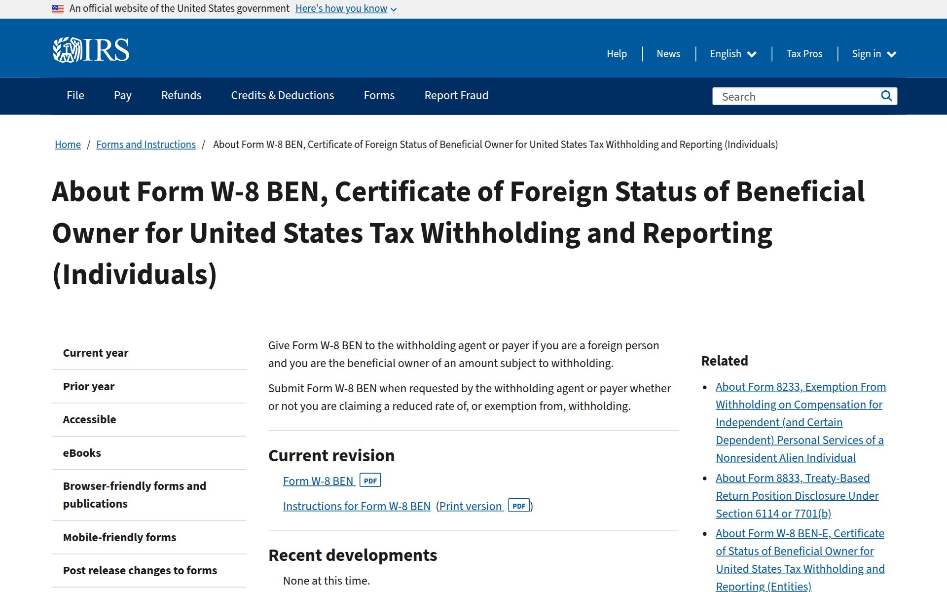 IRS 웹사이트의 W-8BEN 안내 페이지 상단 제목과 일부 본문 및 내비게이션 메뉴가 보인다.